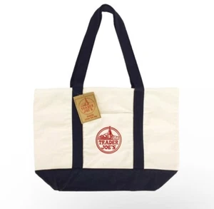 Trader Joes Reusable Canvas Tote Bag Large Heavy Duty Bag Blue White, NEW 2024 - Picture 1 of 4