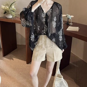 New Flower Womens V-neck Long Sleeve Casual Party Shirts Blouse Tops Loose Fit - Picture 1 of 16