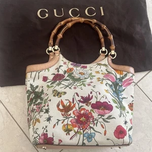 Authentic GUCCI Bamboo Floral Flora Embroidered Tote Bag Handbag Multicolor Used - Picture 1 of 18