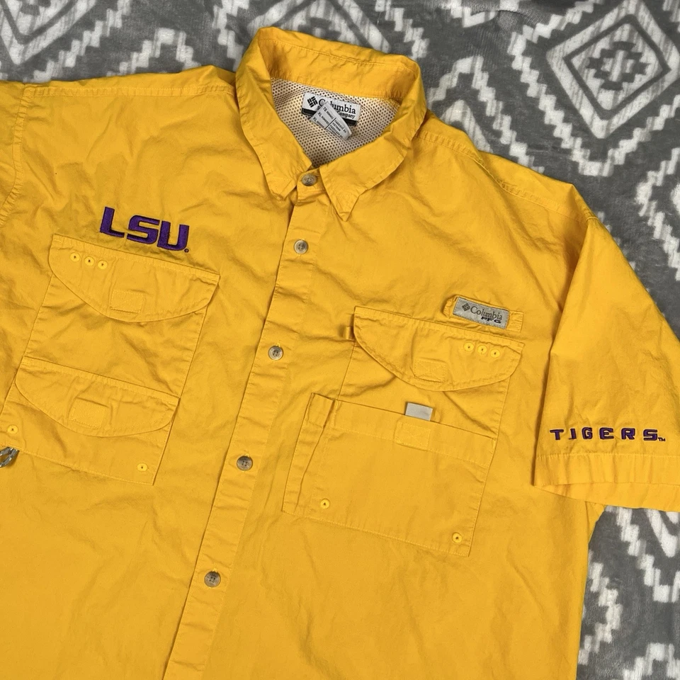 LSU Tigers 衬衫男式 XL 哥伦比亚 PFG 纽扣通风钓鱼 — 第 1/4 张图片