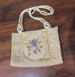 Borsetta artigianale con pannelli punto croce borsetta tracolla canapa juta foderata vintage - Foto 1 di 5
