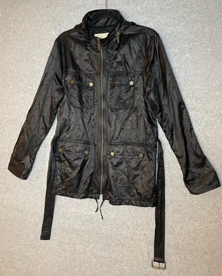 Chaqueta de Lluvia Michael Kors Para Mujer Grande Estilo Ejército Bolsillos Capucha Cinturón Cremallera Negra Foto 1 de 4