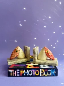 VTG MCM Pair Of Italian Genuine Alabaster Stone Hand Carved Bird Toucan Bookends - Picture 1 of 7