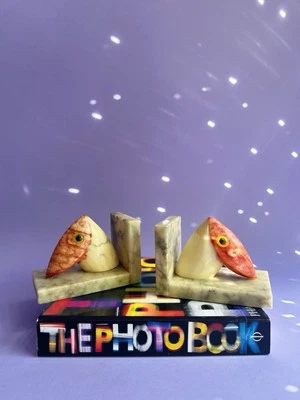 VTG MCM Pair Of Italian Genuine Alabaster Stone Hand Carved Bird Toucan Bookends - Image 1 of 4