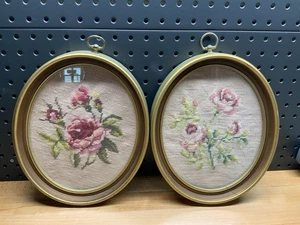 Paar ovale fertig gerahmte Glas Nadelspitze Floral 11" x 9" - Bild 1 von 16