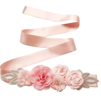 Sash Belt 106 Inch Satin Ribbon with Handmade Flowers Pearls Rhinestone Elega... - Image 1 of 4