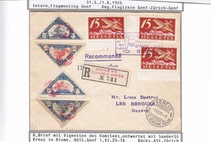 Schweiz 1925, Flugmeeting Genf, R-Brief Flug Genf-Zürich-Genf mit Vignetten - Bild 1 von 2