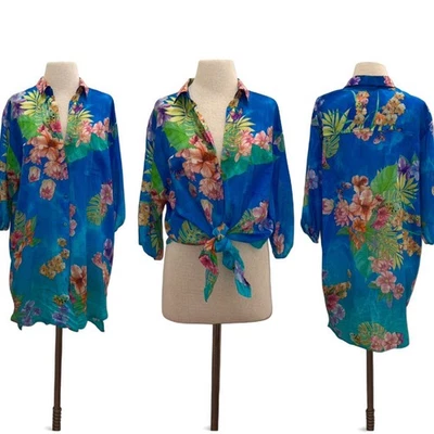 Mini Camisa Johnny Was Azul Resort Mezcla Seda Floral Mariposa Talla Mediana/L Foto 1 de 4