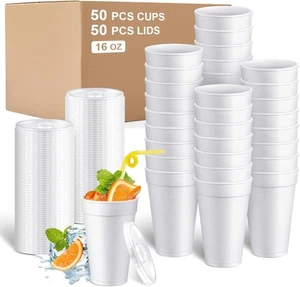 Sabary 50er Pack 16 Unzen Isolierschaum Becher mit Deckel Weiß 16 Unzen, - Bild 1 von 6