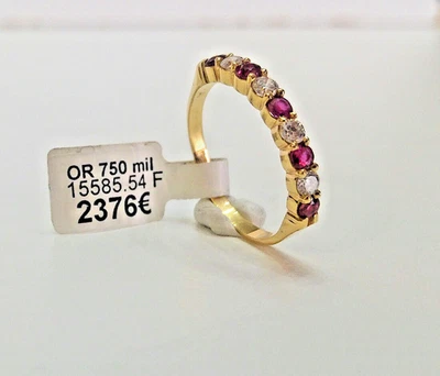 Demi alliance bague or jaune neuve 18 carats femme 4 diamants 5 rubis, mariage. - Photo 1/4