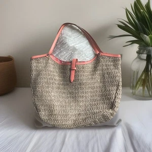 Stella & Dot Riviera Hello Gorgeous Pink/Tan Woven Tote Bag Pristine - Picture 1 of 4