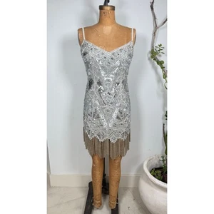 Vintage Silver Fringe Flapper Dress Oleg Cassini Gatsby Inspired Party Dress - Picture 1 of 8
