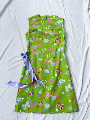 Vintage 1960s Green Retro Psychedelic Floral Bows Ribbon Mini Dress Mod Scooter - Image 1 of 4