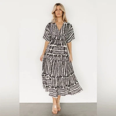Baltic Born Women's 3X Austin White Black Print Chiffon Kimono Maxi Dress - Image 1 of 4