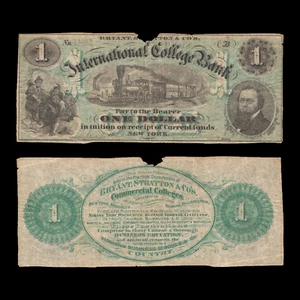 1866 $1 One Dollar International College Bank New York NY Obsolete Currency Note - Picture 1 of 4