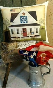 PRIMITIVE VINTAGE FOLK ART STYLE HOMESTEAD COTTAGE FARMHOUSE AMERICANA PILLOW - Picture 1 of 6