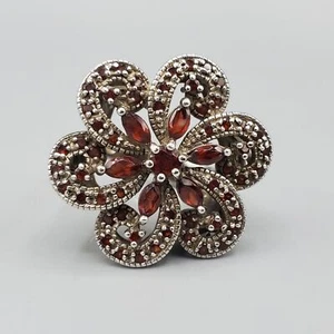 Massive Navette Chaton Pyrope Garnet Sterling Silver Flower Ring Size 6.5 11.2g - Picture 1 of 12