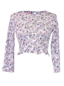 ReNamed Lovely Floral Lace Quarter Length Sleeves Ruffle Hem Sheer Knit Crop Top - Picture 1 of 4