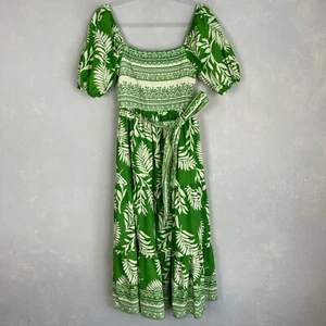 Aura maxi dress size M square neck puff sleeve Kelly green leaf print cotton - Picture 1 of 11