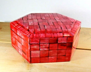 Tessellated Bone Trinket Box Pottery Barn Hexagon Pink Red - Picture 1 of 6