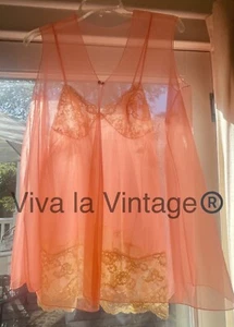 Vintage 60s Vanity Fair Sheer Coral Pink Sissy Peignoir Babydoll Set Size 32 - Picture 1 of 4