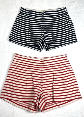 Lote de 2 J. Pantalones Cortos Crew Mezcla de Lino Rayas Cremallera Lateral Azul Blanco Rojo Crema Talla 2 Foto 1 de 4