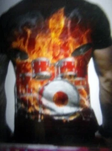 DRUMMER TSHIRT WITH SKELETON ON FIRE XL 42 POLYESTER MUSIC BLACK NEW - Bild 1 von 8