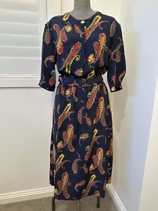 Vintage 80s 50s Style Navy Floral Paisley Dress Matching Belt Size L 14 16 - Picture 1 of 16