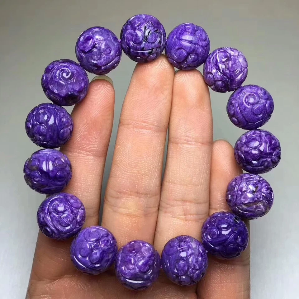 Natural Purple Charoite Gemstone Round Carved Beads Bracelet 14mm AAAA - Image 1 of 4