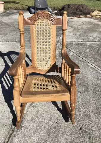 Antique Civil War Era 1866 Child's Wood Rocking Chair Cane Seat/Back Dolls, Bear Cover