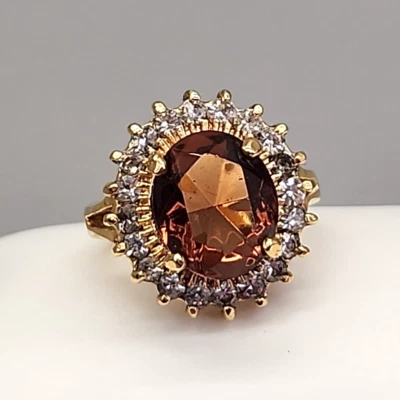 Anillo Diamantes de Imitación DAC Marrón Ovalado Vidrio Transparente Redondo Tono Dorado Talla 6 Joyería Foto 1 de 4