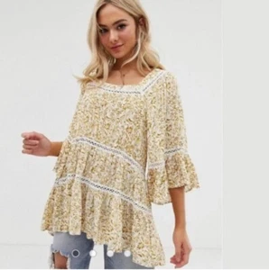 Free People Talk About It Tunic Boho Top Sz XS OB908667 Ivory Gold Boho Crochet - Picture 1 of 10
