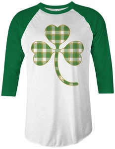 Plaid Shamrock Unisex Raglan T-Shirt St. Patrick's Day Irish Pride - Picture 1 of 2