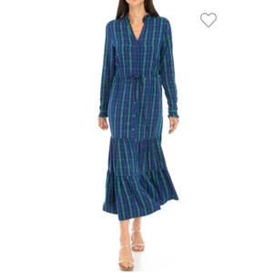 NEW Chaps Blue Red Plaid Maxi Dress Size Medium Holiday Button Down - Picture 1 of 6