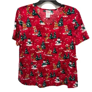 Rudolph Women's Red V-Neck Print Scrub Top, Size L - Picture 1 of 4