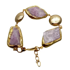 9 Zoll Natürlicher Rosa Kunzit Grob Roh Vergoldet Rand Gebürstet Perlen Armband - Bild 1 von 7