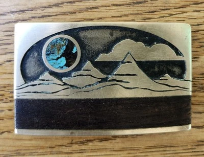 复古 Kenneth Reid 手工制作镶嵌绿松石异国情调木质风景 ABQ 皮带扣  — 第 1/4 张图片