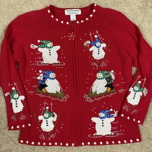 Tiara International Sweater Women S Red Snowman Cardigan Holiday Snow Beaded Vtg - Picture 1 of 7