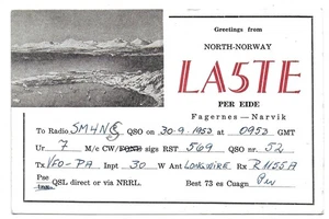 QSL Funkgerät LA5TE Fagernes Narvik Norwegen Norge 1953 pro Eide Amateur 30 Watt DX - Bild 1 von 1