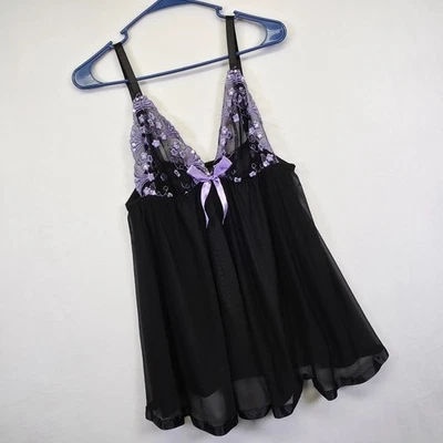 Babydoll Slip Mujer 1X Negro Púrpura Floral Encaje Capricho Hada Malla Lencería Foto 1 de 4