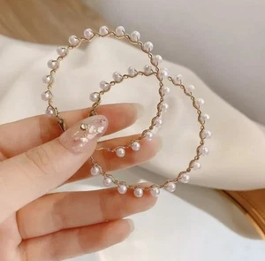 Pearl Hoop Earrings Fashion Trendy Round Gold Earrings - Picture 1 of 6