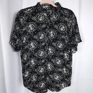 Camicia Hot Topic Uomo XL (Runs Medium) Nera Teschio Celeste Chart Rayon Goth - Foto 1 di 6