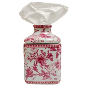 Pink Chinoiserie Ceramic Tissue Box Cover Chinoiserie Decor 8" - Picture 1 of 5