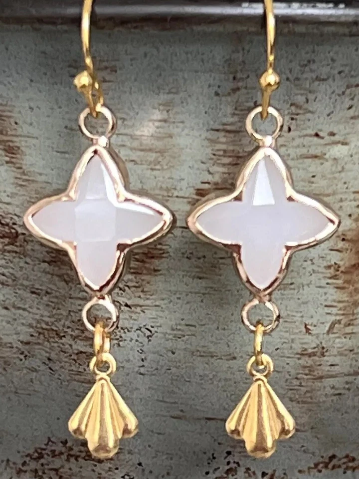 White and Gold Vintage Bead Dangle Earrings. Light Weight and Fun to Wear. - Image 1 of 1