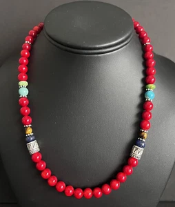 Sterling Silver Multi Stone Red Coral Bead Necklace 18 inch - Picture 1 of 12