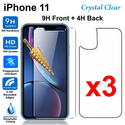 x3 Protector Pantalla Cristal Templado 9H para Apple iPhone 11 Frontal Película Trasera Foto 1 de 4