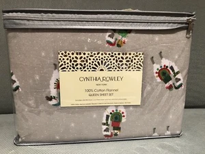 Cynthia Rowley Llama Christmas Presents Queen Sheet Set Cotton Flannel Gray New - Picture 1 of 7