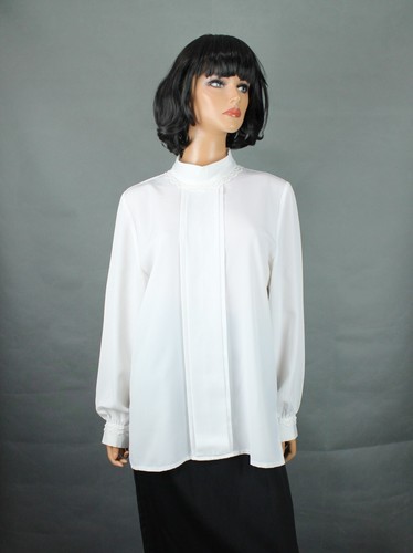 OFF WHITE Camicetta girocollo taglia L vintage anni 80 bianco sporco collo alto orlo pizzo camicia abito