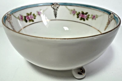 Nippon Hand Painted Three Footed Bowl Floral Pink Flowers Gold Trim 1 7/8" Tall - Image 1 of 4