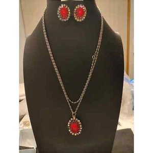 STUNNING VINTAGE RUBY RED GLASS CABS & GLASS AB'S NECKLACE & EARRINGS STATEMENT - Picture 1 of 5